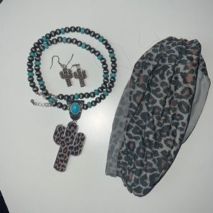 leopard and turquoise necklace with matching earrings